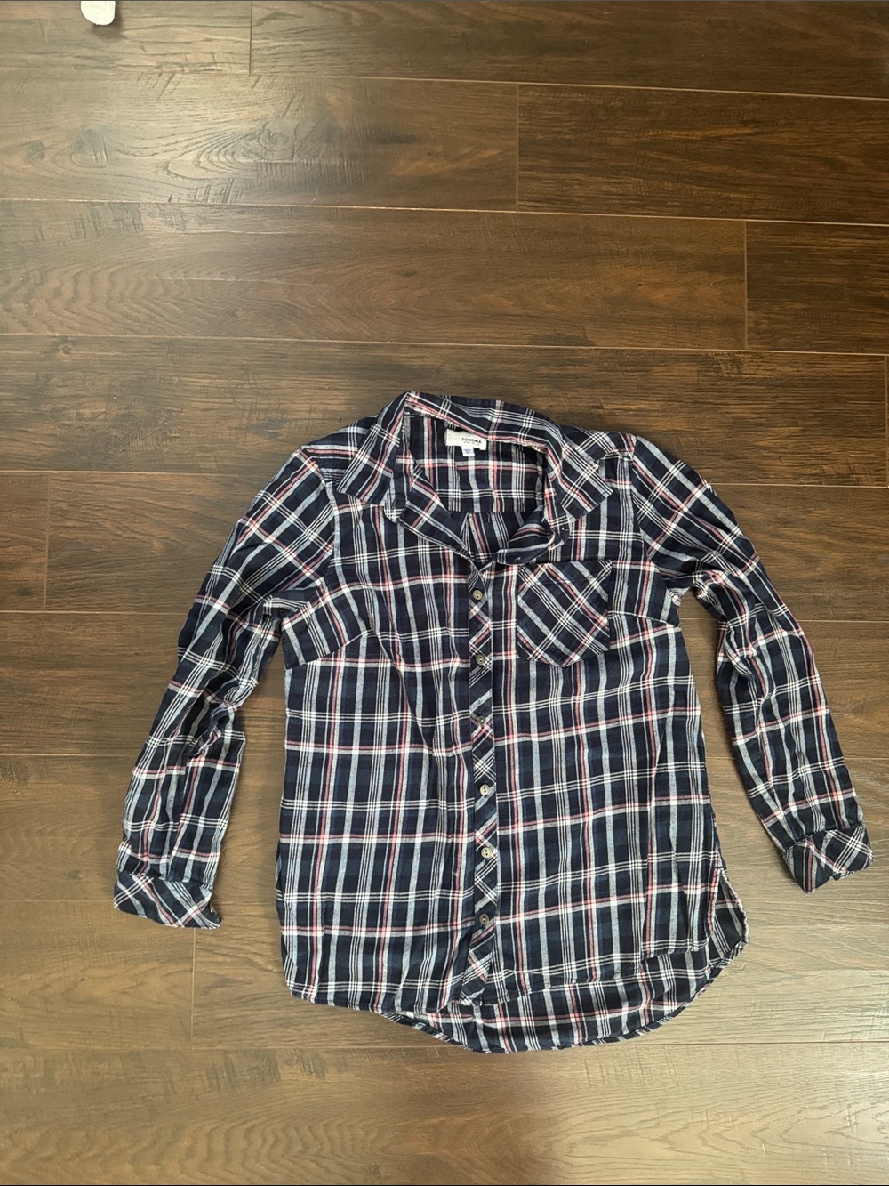 Sonoma Navy Plaid Button-Down flannel Shirt with White & Red Stripes